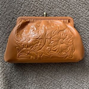 Patricia Nash Ealing Cognac Floral Tooled Leather Clutch Crossbody Bag Like New